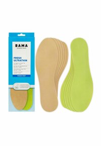 BAMA Fresh Ultrathin insoles in beige and light green, comprised of breathable, textured material, designed for comfort and moisture absorption.