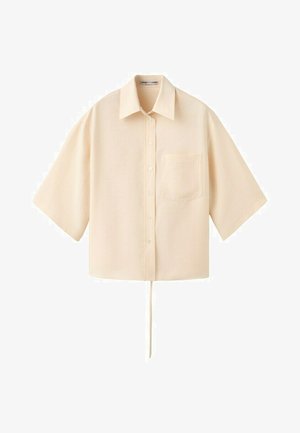 Cămașă supradimensionată bej cu mâneci scurte, nasturi, guler, buzunar la piept și detaliu cu șnur de agățat la tiv.