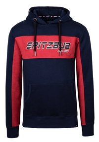 Felpa navy e rossa con tasca frontale, cappuccio con cordino e grande scritta "SPITZBUB" sul petto. Materiale morbido in misto cotone.
