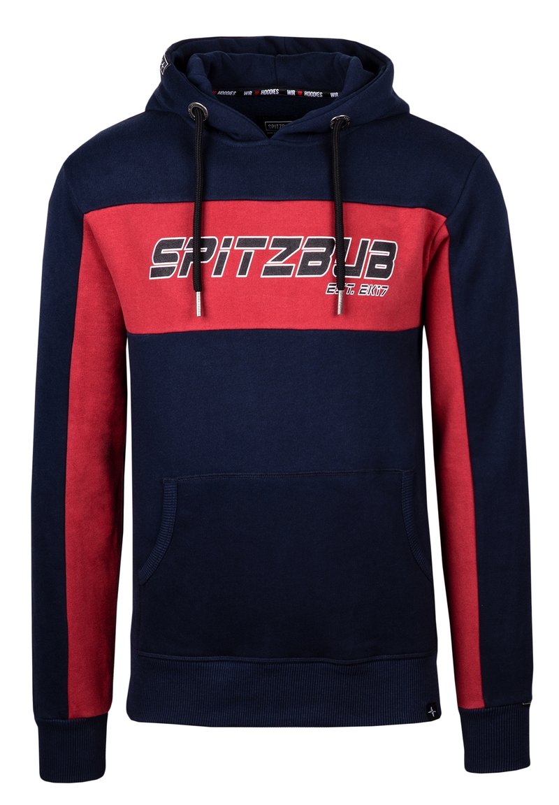 Felpa navy e rossa con tasca frontale, cappuccio con cordino e grande scritta "SPITZBUB" sul petto. Materiale morbido in misto cotone.