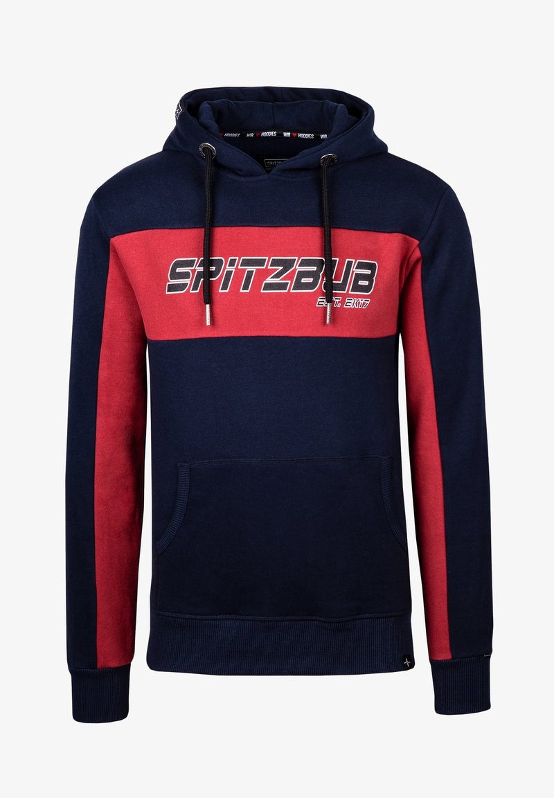 Felpa navy e rossa con tasca frontale, cappuccio con cordino e grande scritta "SPITZBUB" sul petto. Materiale morbido in misto cotone.