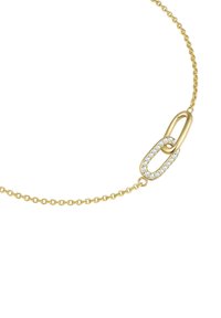 Kultaketju, jossa on herkkä ketju ja keskimmäinen lenkki muotoilu. Yhdessä lenkissä on pieniä kirkkaita jalokiviä, jotka lisäävät kimallusta koruun.