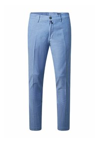 Lichtblauwe broek van een zachte stof, met een slim fit, knoopsluiting en voorzakken. Rechte pijpen met een minimale textuur.