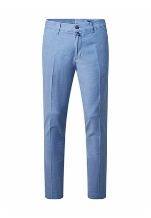 Helle blaue Hose aus glattem Stoff, mit slim fit, Knopfverschluss und Fronttaschen. Gerade Beinform mit minimaler Textur.