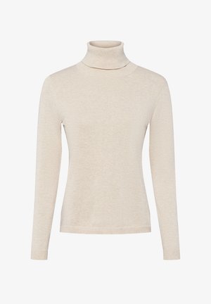 Beige Rollkragenpullover mit langen Ärmeln, geripptem Halsausschnitt und Bündchen, aus weichem Strickstoff gefertigt, verfügt über eine glatte Textur und eine enganliegende Passform.