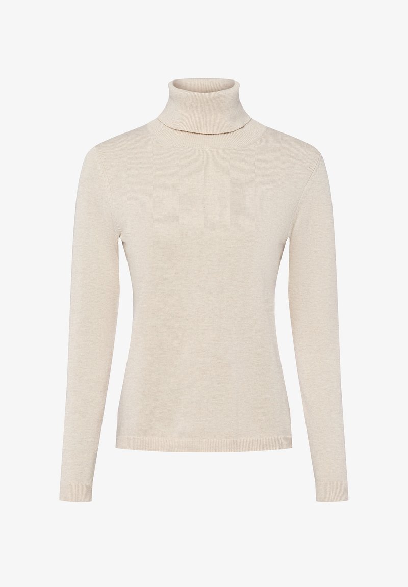 Beżowy sweter z golfem, z długimi rękawami, prążkowanym dekoltem i mankietami, uszyty z miękkiej dzianiny, charakteryzujący się gładką fakturą i dopasowanym krojem.