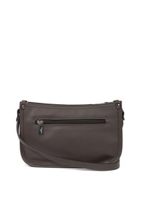 Szara skórzana torebka typu crossbody z zapinaną na zamek przednią kieszenią, gładką teksturą i regulowanym paskiem, wyróżniająca się minimalistycznym wzornictwem i akcentami z metalu.