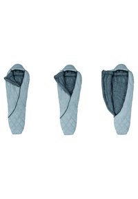 Lichtblauwe slaapzak met een gestikt ontwerp. Voorzien van een open rits en een zachte binnenvoering, die drie verschillende gevouwen posities toont.