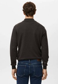 Braunes langärmliges Polohemd mit Kragen, gerippten Bündchen und glatter Textur. Wird mit blauer Jeans getragen, von hinten gesehen.