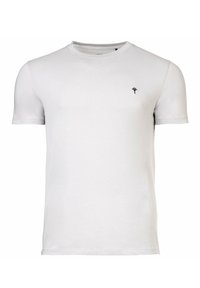 Biała bawełniana koszulka z krótkimi rękawami, okrągłym dekoltem i małym czarnym logo na lewej piersi. Gładka faktura i dopasowany krój.