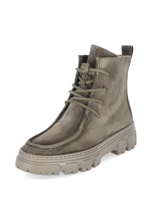 Grüner Veloursleder-Schnürstiefel mit dicker beiger Gummisohle und Zuglasche hinten.