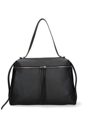 Borsa a tracolla in pelle nera con superficie testurizzata, cerniera orizzontale nella parte superiore e due cursori con nappine in pelle.