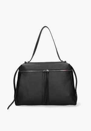 Black leather shoulder bag with textured surface, horizontal zipper across top, and two zip pulls with leather tassels.