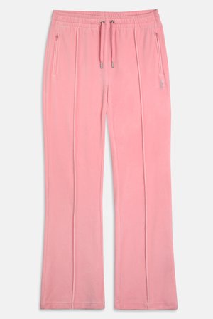 Pink velour sweatpants with an elastic waistband, drawstring, two front pockets, and stitched detailing along the legs.