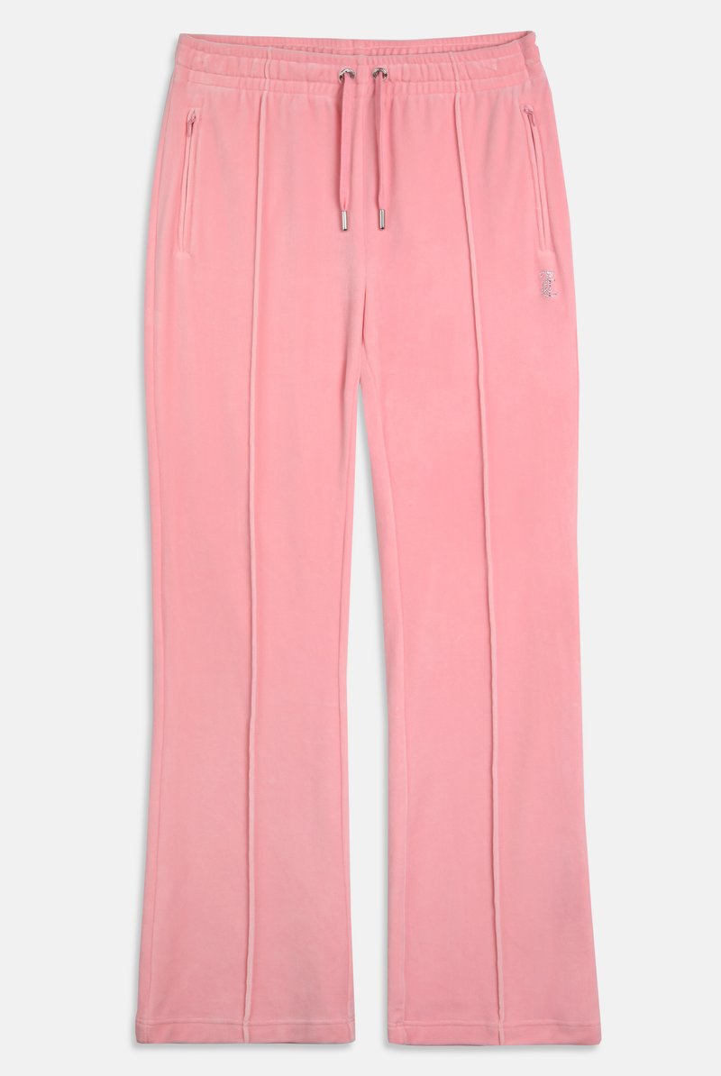 Pantalons de survêtement en velours rose avec une taille élastique, un cordon de serrage, deux poches avant et des détails cousus le long des jambes.