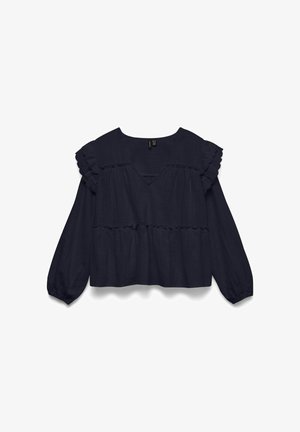 Námořnická modrá blůza s dlouhými nabíranými rukávy, volánkovými detaily na ramenou, V-výstřihem a vrstveným peplum designem. Měkká texturovaná látka.