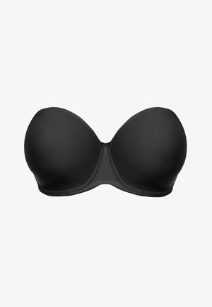 Sostén negro sin tirantes con copas lisas y moldeadas y un diseño sin costuras. Cuenta con una banda transparente en la parte posterior para brindar soporte.