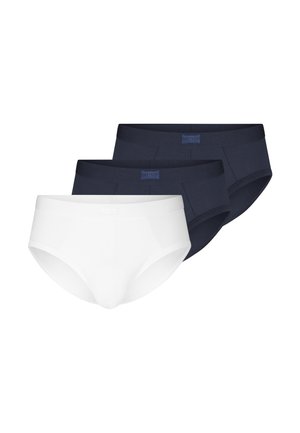 Tre herreunderbukser, to mørkeblå og et hvide, stablet med det hvide par foran, viser front med elastiske taljebånd.