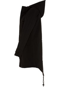 Black waterproof jacket with a drawstring hood, side pockets, and long sleeves; smooth texture and slightly elongated back hem.