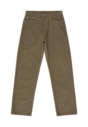 Ruskeat vakosamettihousut suoranlahkeisella leikkauksella, jossa on pystysuora ribbitekstuuri, viisi taskua ja hopeanväriset yksityiskohdat.