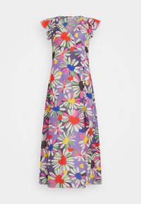 Vestido floral envolvente com mangas curtas em volantes, apresentando um fundo roxo e margaridas e corações coloridos em vermelho, rosa, amarelo e azul.