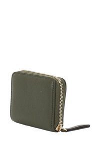 Green leather wallet with a smooth texture, rectangular shape, and gold zipper closure on the side. Compact design for easy portability.