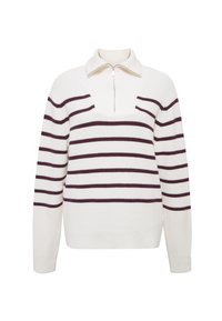 Cremefarbener Sweatshirt mit lila horizontalen Streifen, halbem Reißverschlusskragen, gerippter Oberfläche und langen Ärmeln, im lässigen Schnitt.