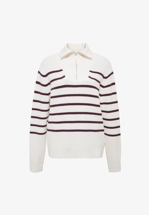 Cream sweatshirt with purple horizontal stripes, half-zip collar, ribbed texture, and long sleeves, featuring a relaxed fit.