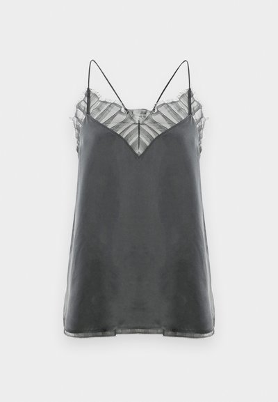 Satiinhallist camisole õhukeste spaghetti-ribadega ja poolläbipaistva triibulise pitskattiga kaeluses, millel on V-kujuline disain.