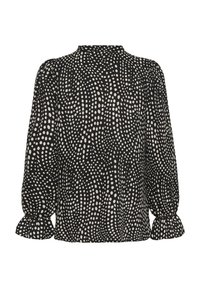 Sort langærmet bluse med hvide uregelmæssige polkaprikker, rynkede manchetter, let puffede skuldre og en høj hals, vist bagfra.