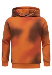 Orange och brun tie-dye hoodie med en känguruficka, ribbad mudd och nederkant. Har dragsko och en liten logotyp på bröstet.