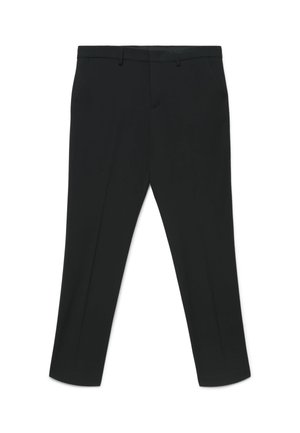 Pantaloni formali neri con passanti per cintura, davanti piatto e gambe affusolate mostrati su sfondo bianco.