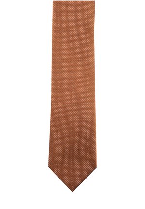 Braune Seidenkrawatte mit einem strukturierten Muster aus kleinen weißen Punkten, die zu einer spitzen Spitze verjüngt ist, mit einer glatten und leicht glänzenden Oberfläche.