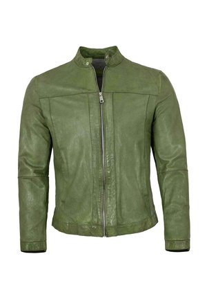 Grüne Lederjacke mit Stehkragen, Reißverschluss vorne und schlankem Design. Verfügt über gestippte Akzente und eine leicht strukturierte Oberfläche.