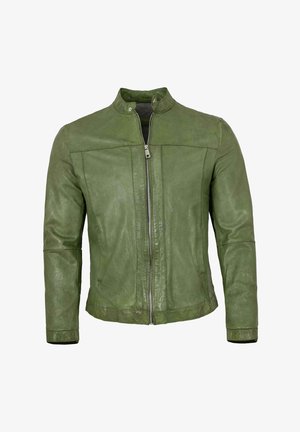 Grüne Lederjacke mit Stehkragen, Reißverschluss vorne und schlankem Design. Verfügt über gestippte Akzente und eine leicht strukturierte Oberfläche.