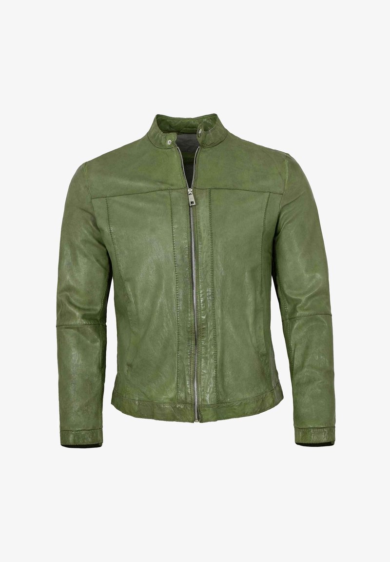 Grüne Lederjacke mit Stehkragen, Reißverschluss vorne und schlankem Design. Verfügt über gestippte Akzente und eine leicht strukturierte Oberfläche.