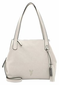 Sac à main perforé blanc avec finition noire, deux poignées pour l'épaule et un pompon amovible. Fermeture zippée et accent logo à l'avant.