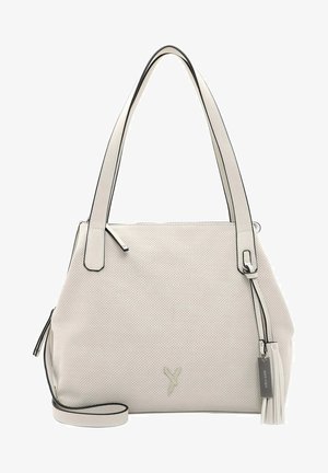 Witte geperforeerde handtas met zwarte accenten, twee schouderbanden en een afneembare kwast. Voorzien van een ritsluiting en een logo-accent aan de voorkant.