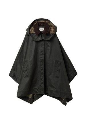 Donkergroene waterdichte poncho met capuchon, twee voorzakken en bruine geruite voering in de capuchon en kraag.