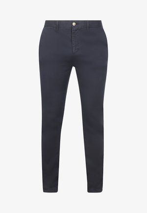 Navy cotton trousers with a slim fit, featuring a button closure, belt loops, and a smooth texture. No visible patterns or accents.