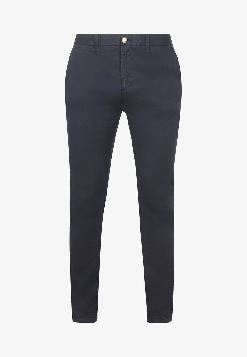 Navy katoenen broek met een slim fit, voorzien van een knoopsluiting, riemlussen en een gladde structuur. Geen zichtbare patronen of accenten.