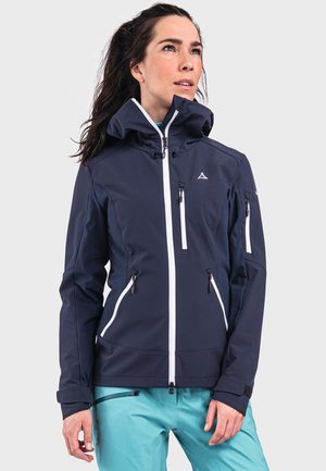 Navy blue waterproof jacket with a hood, white zip details, multiple zippered pockets, and a fitted design. Suitable for outdoor activities.