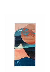 Gaiter de cuello multicolor con patrones abstractos de montañas y atardeceres en tonos de durazno, azul y negro, con un logo en la esquina.