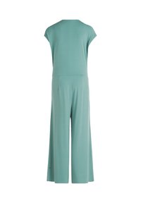 Combinaison teal à manches courtes, à jambes larges et à texture lisse. Présente un design simple au dos et des détails de couture minimalistes.