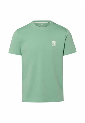 Grünes T-Shirt mit kurzen Ärmeln und Rundhalsausschnitt, mit kleinem weißem "Good Vibes"-Logo und Wellendesign auf der linken Brust.