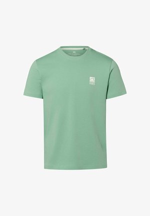 Green short-sleeve crewneck t-shirt with small white "Good Vibes" logo and wave design on the left chest.