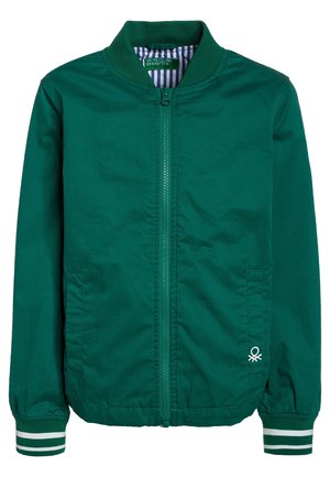Blouson bomber vert zippé avec col et poignets en maille côtelée, détail rayé blanc sur les poignets, poches latérales et petit logo blanc près de l'ourlet.