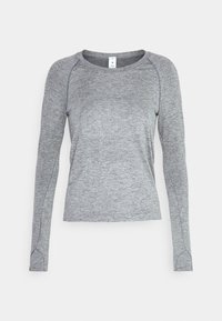 Long-sleeve gray athletic shirt made of textured fabric, featuring a round neckline and contrasting stitching along the seams.