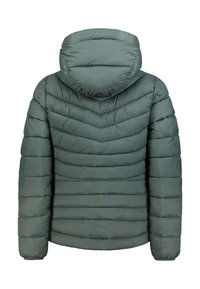 Pufferjacke in gedämpftem Grün mit Kapuze, ausgestattet mit einem Chevron-Steppmuster, strukturiertem Stoff und elastischen Bündchen. Rückansicht dargestellt.