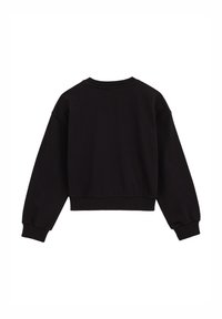 Hanorac negru cu mâneci lungi, ușor conice, guler la baza gâtului și mansete și tiv ribbate. Fabricat dintr-un material moale, texturat.